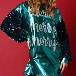 Teal Sequin Sleeve Merry Dress